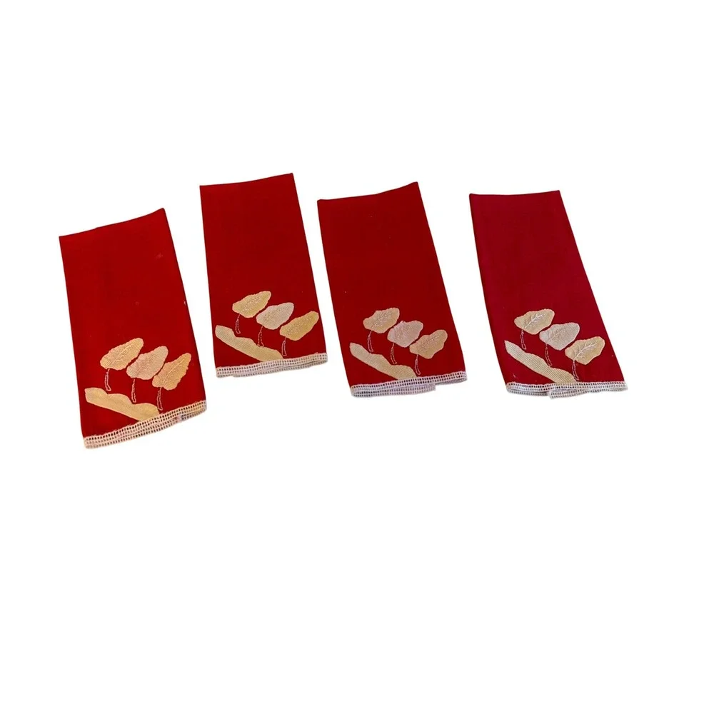 Cocktail Napkins Red Vintage Embroidered Leaf Lace Trim Set of 4 MCM